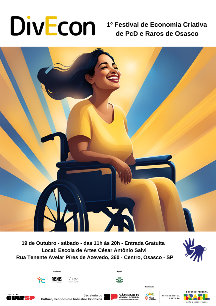 Cartaz oficial do DivEcon mostrando uma mulher negra usuária de cadeira de rodas, com raios de luzes amarelas e azuis ao fundo. No rodapé, dados do evento, logomarcas da Tudo Sobre Inclusão, das produtoras, apoio da Prefeitura de Osasco, e os logos da Cultura, Paulo Gustavo e do Ministério da Cultura.